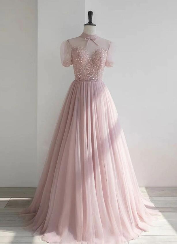 Pink Round Neck Sequin Long Evening Prom Gown, Pink Evening Dress For Teens main image 0