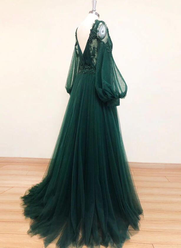 Dark Green A Line Lace V Neck Satin Long Prom Dress main image 1