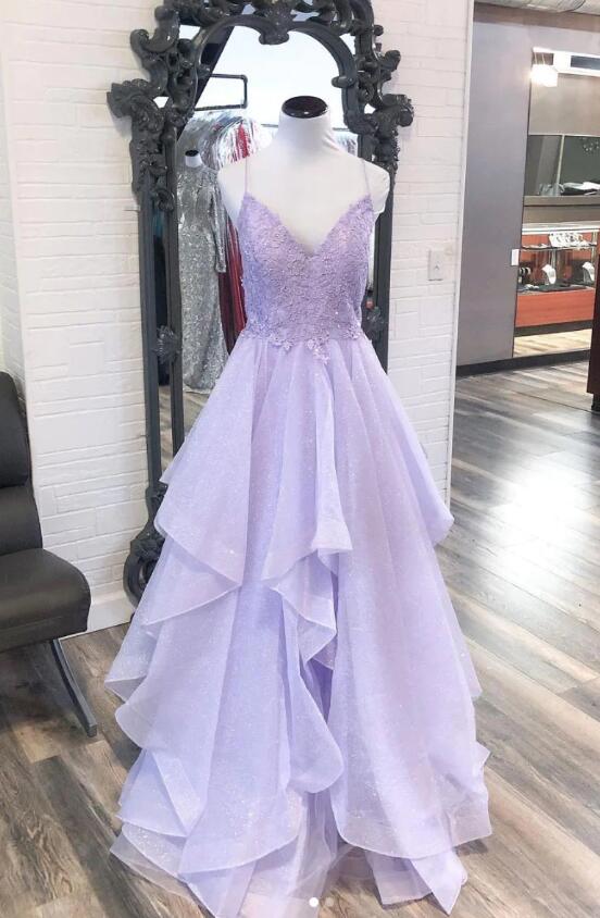 Trendy V Neck Purple Lace Princess Prom Gown SREAL062 main image 1