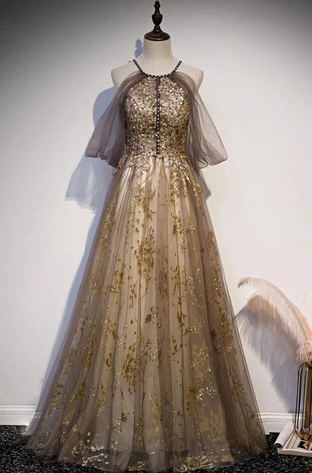 Champagne Strapless Tulle Lace Floor Length Prom Dress main image 0