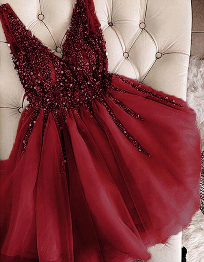 Sexy Burgundy Square Neck Mini Cocktail Dress Short Party Dress Homecoming Dress main image 1