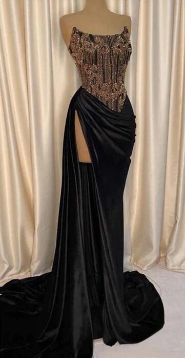 Strapless Pleats High Split Black Prom Formal Gowns