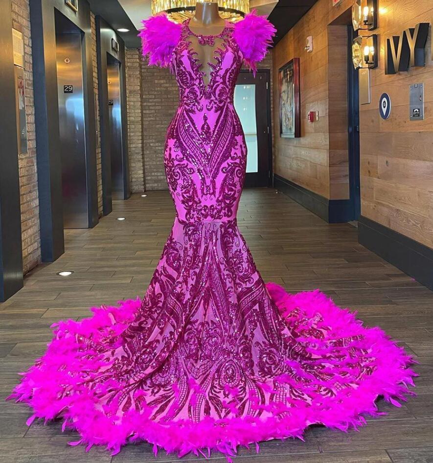 Fuchsia Mermaid Sequin Prom Dresses Sequined Feather Backless Evening ...