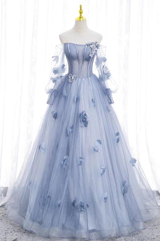 Off The Shoulder A Line Blue Tulle Prom Dress With Flowers on Luulla
