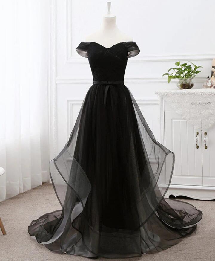 Black off shoulder tulle mermaid long prom dress, slim-fit evening gown main image 0