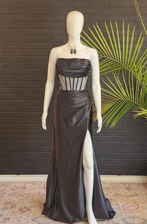 Elegant White Mermaid Satin Beaded Slit Without Sleeves Long Prom Dress, Evening Dress main image 1
