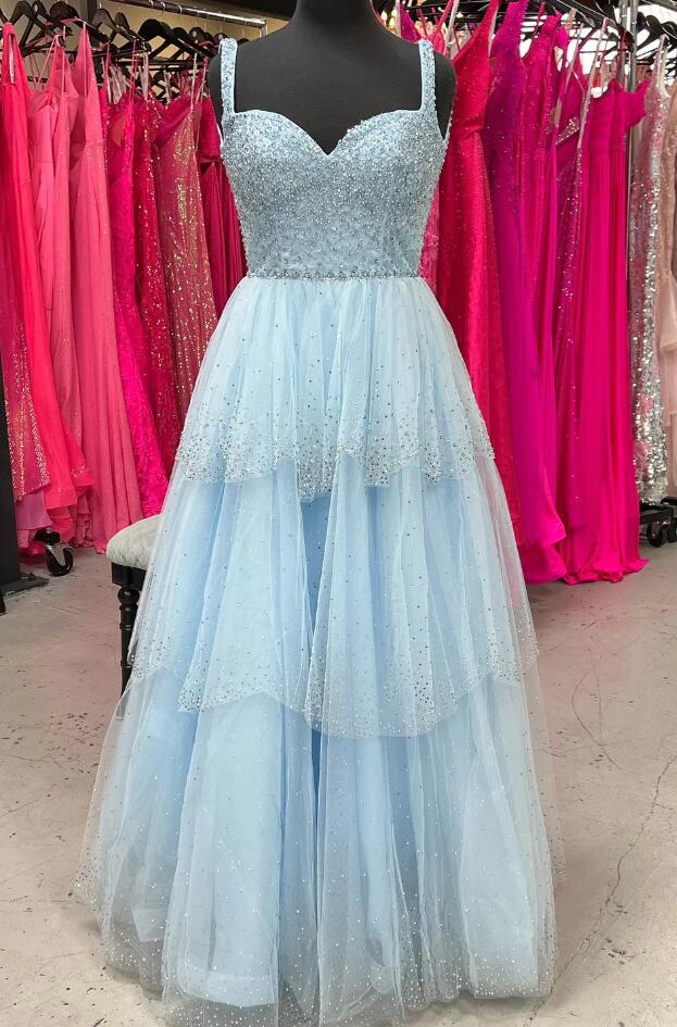 Cute Light Blue Straps Ball Gown Sweetheart Party Dress, Light Blue Formal Dress Prom Dress