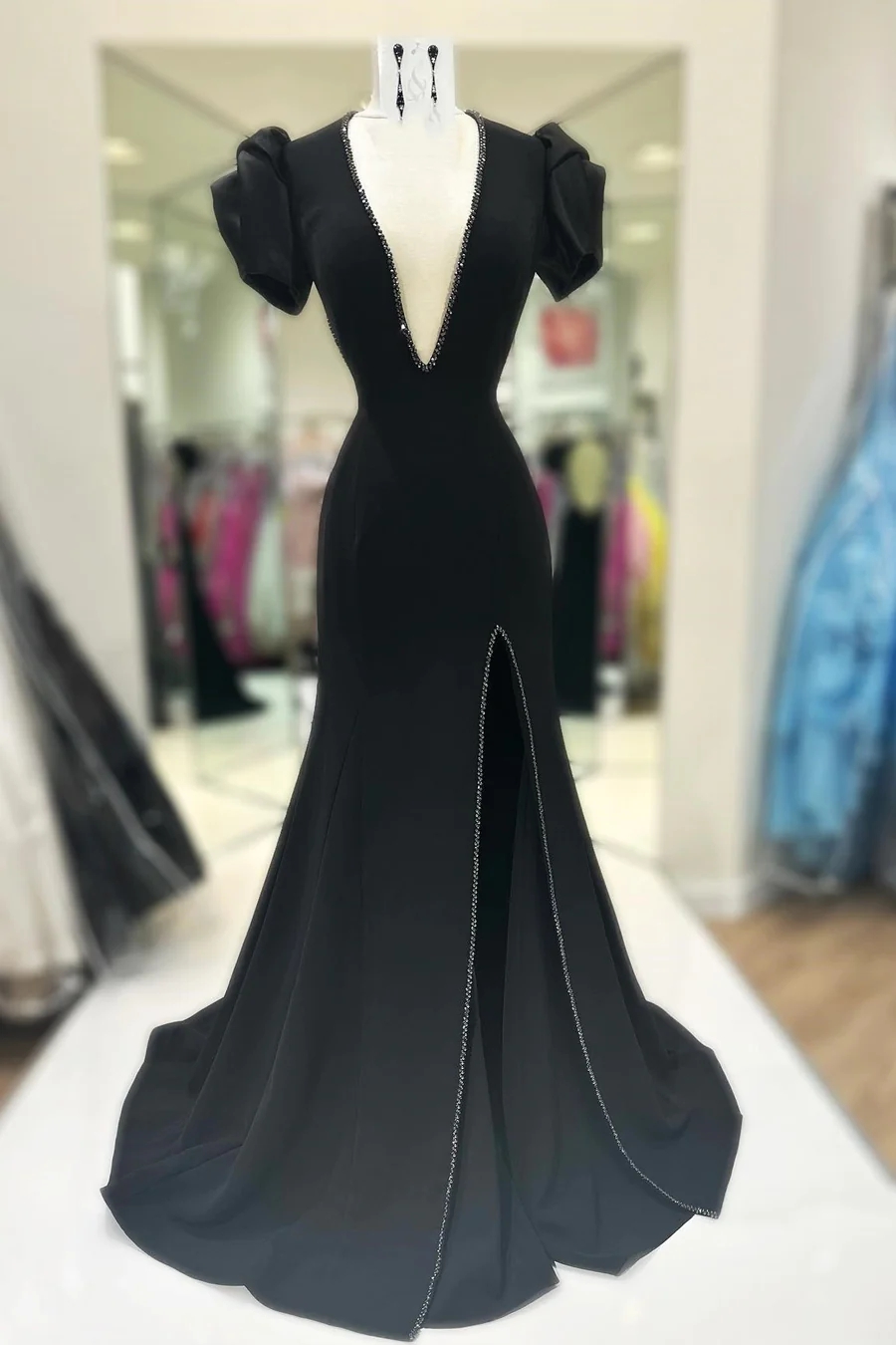 Black Sequins Long Prom Dress One Puffy Sleeve Mermaid Evening Dress Y15