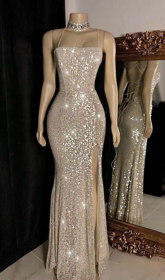 Sexy Glitter Cross Back Sequin Prom Dresses With Slit on Luulla