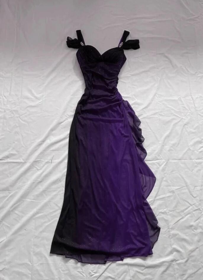 Purple Sequin Tulle Sweetheart Off Shoulder A-Line Long Prom Dresses,SFPD0344