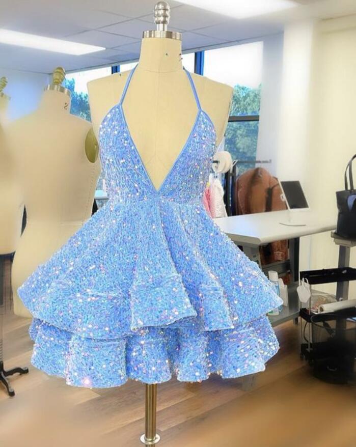 Blue Sequin Short Party Dress Homecoming Dress main image 1