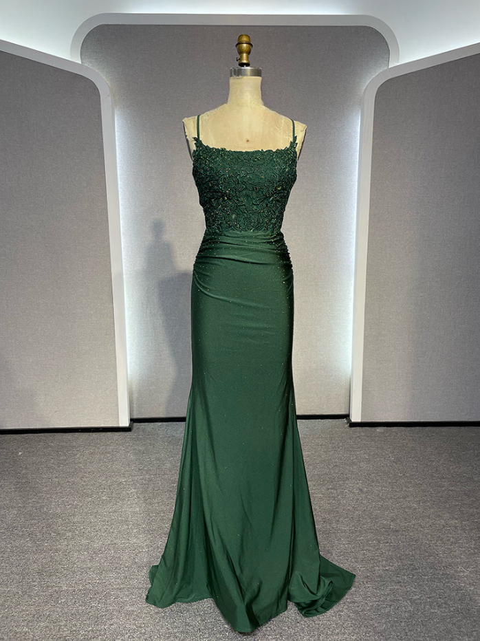 Mermaid Green Straps Backless Long Velvet Prom Dress, Green Party Dress