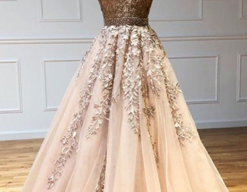 Champagne V Neck Long Prom Dresses, Prom Gown 
